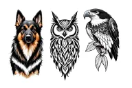 tribal, German shepherd, trout, eagle owl tattoo design idea