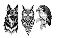 tribal, German shepherd, trout, eagle owl tattoo design idea