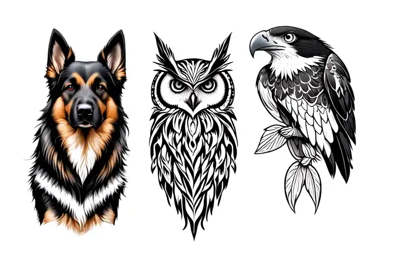 tribal, German shepherd, trout, eagle owl tattoo design idea