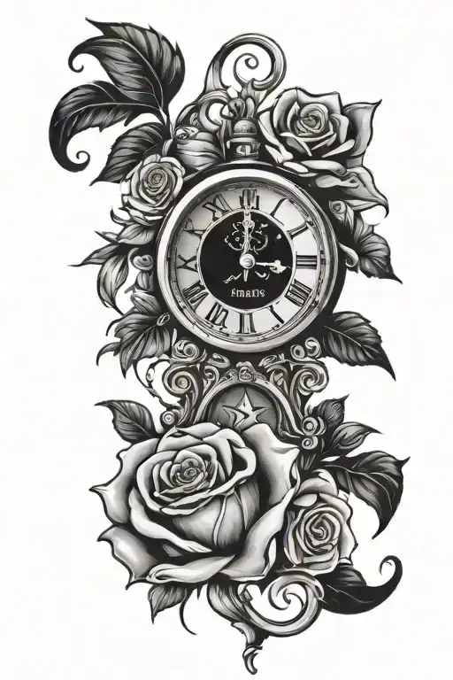 Clock, date, blue-line flag, 'family', 'unit 15', roses tattoo design idea