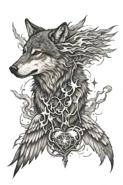wolf,lightnings,heart,wings tattoo design idea