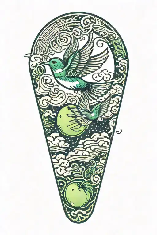 A sleeve with a green apple at bottom, a swallow flying in clouds at top tattoo design idea