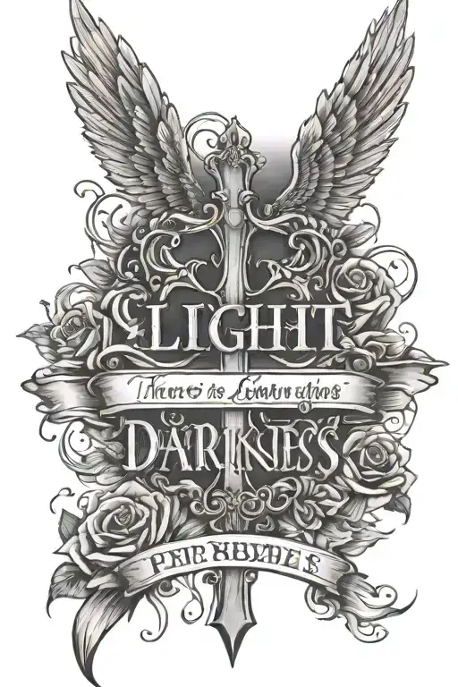cross and qoute "there is always light in the darkness" tattoo design idea