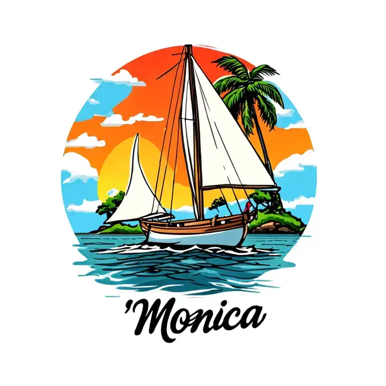 "Monica" "Monica" white sailboat in foreground, background sunrise sky, small island in far background  plam vibrant colors no borders  tattoo design idea