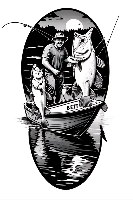 father and son bass fishing on bass boat fishing tattoo design idea