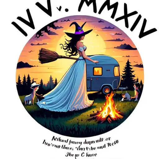 "IV V MMXIV" "IV V MMXIV" silhouette of busty sexy witch bride on broomstick over a campsite with a trailer and campfire with children & dog tattoo design idea