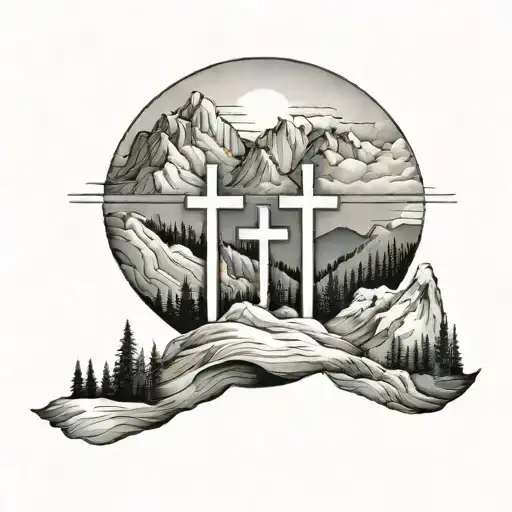 mountains with 3 crosses words in sky tattoo design idea