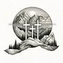 mountains with 3 crosses words in sky tattoo design idea