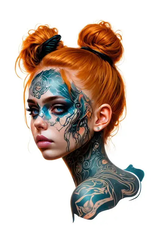 cyberpunk girl head and torso, ginger, sexy tattoo design idea