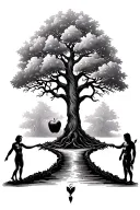tree of life pathway leading towards Adam and Eve with an apple being handed off by the devil  tattoo design idea