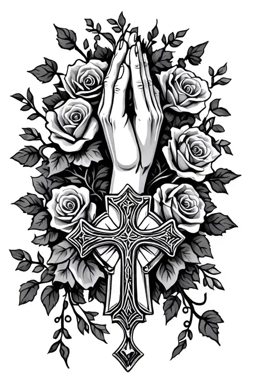 necklace style but with vines and roses and at the bottom is a pendant of prayer hands diamond texture holding a cross.  tattoo design idea