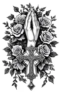 necklace style but with vines and roses and at the bottom is a pendant of prayer hands diamond texture holding a cross.  tattoo design idea