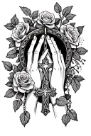 necklace style but with vines and roses and at the bottom is a pendant of prayer hands diamond texture holding a cross.  tattoo design idea
