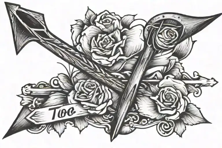 an arrow shooting by me, a pretty but realistic arrow with the words "this too shall pass" written pretty in cursive tattoo design idea