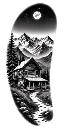 A mountain trail, with a log cabin ahead surrounded by mountains and a starry sky tattoo design idea