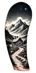 A mountain trail, with a log cabin ahead surrounded by mountains and a starry sky tattoo design idea
