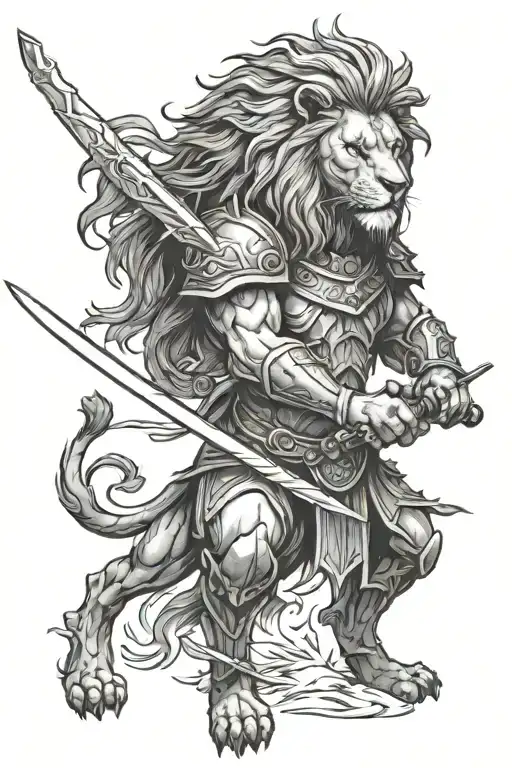 lion that fades into a warrior wielding a sword tattoo design idea