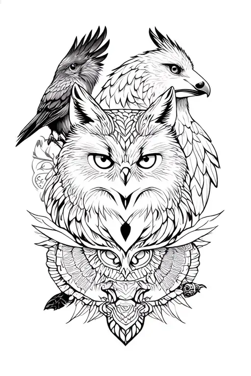 Owl, Crow, Wolf, Turtle, Cat, Eagle and Fox leg sleeve tattoo design idea