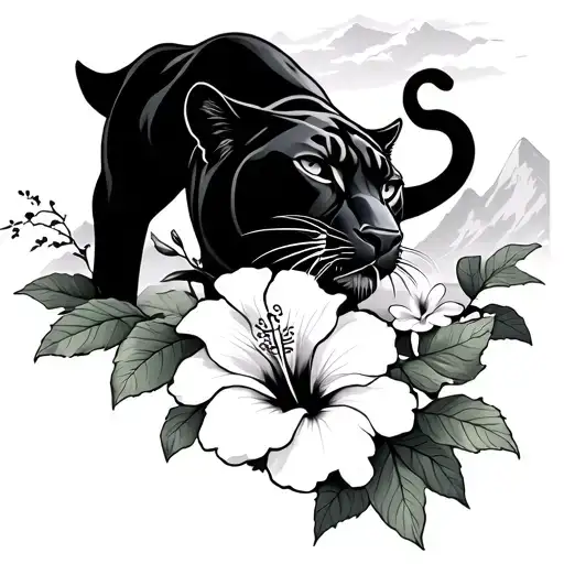 A right side thigh tattoo with a black panther with jasmine and an hibiscus flower going down with yunnan mountains with tattoo design idea