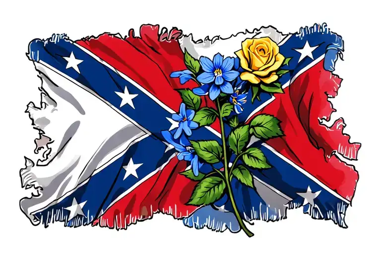 texas state boarder confederate flag inside. outsode of the boarder is blue bonnets and the yellow rose of texas tattoo design idea