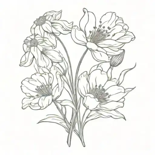 bouquet of 2 snowdrops, 2 poppies, a carnation, a daisy, a marigold and a peony tattoo design idea