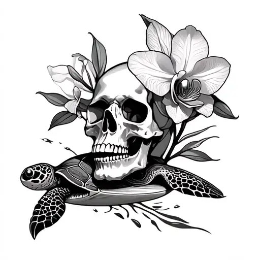 skull, orchidea and turtle swimming tattoo design idea