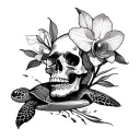 skull, orchidea and turtle swimming tattoo design idea