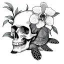 skull, orchidea and turtle swimming tattoo design idea