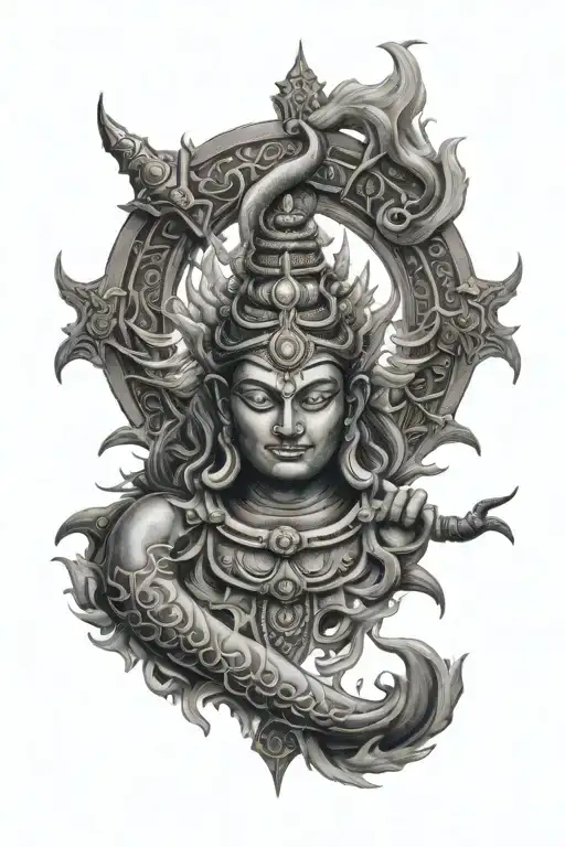 half of Shiva Trishul with Sanskrit words on the other side going down the trishul tattoo design idea