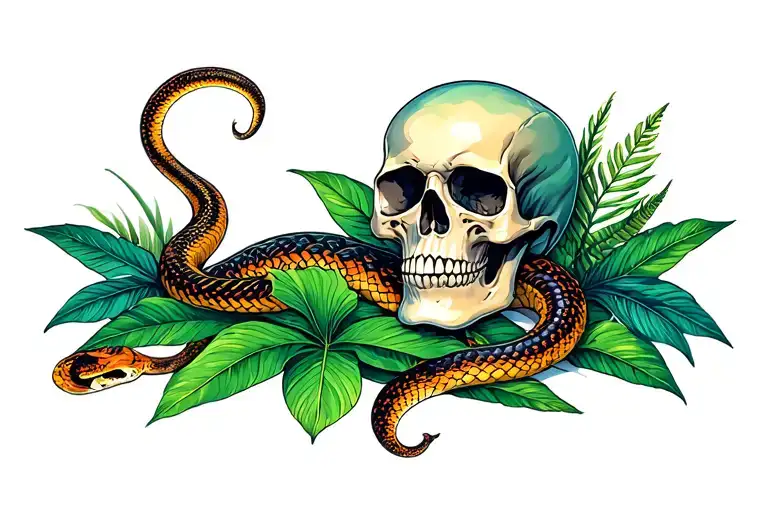 Tropical plants with skull and snake tattoo design idea