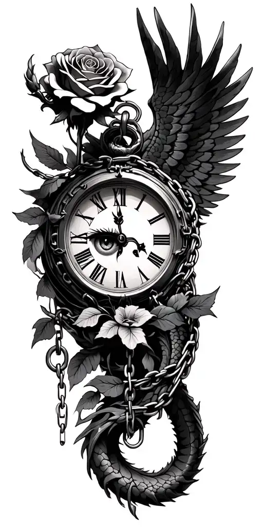 roses, angel, eye in clock face, chains, dragon wrapped tattoo design idea