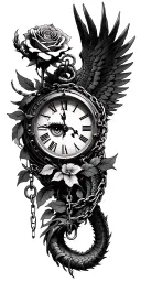 roses, angel, eye in clock face, chains, dragon wrapped tattoo design idea