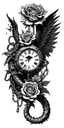 roses, angel, eye in clock face, chains, dragon wrapped tattoo design idea