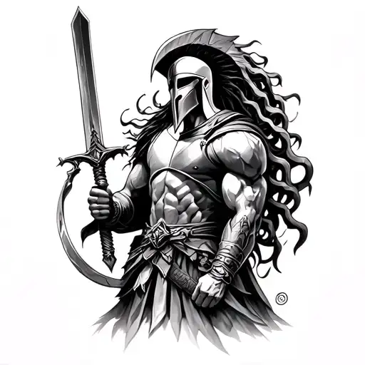 make a spartan with a sword in one hand and a medusa head in the other hand in black and white tattoo design idea