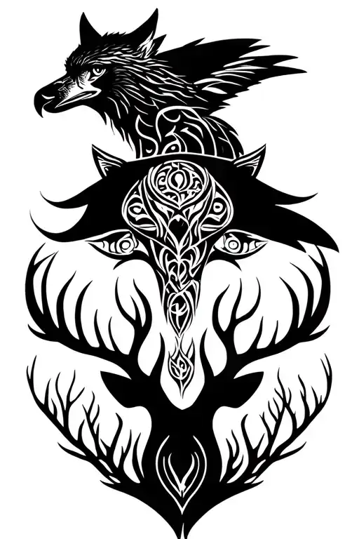tree of life with a wolf's head, a deer's head and a hawk tattoo design idea