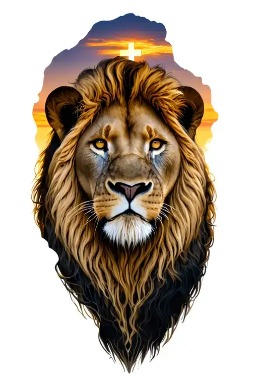 Half sleeve lion tattoo, majestic lion head on African savanna, sunset background, subtle cross in the sky,  tattoo design idea