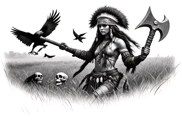 grey drawn indian warrior girl with grizzly head hat dual wielding axe's. in a grass field surounded by crows and skull tattoo design idea