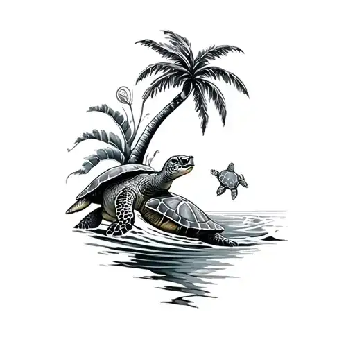 ocean, palm tree, turtles, shells, waves tattoo design idea