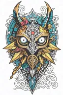 Tattoo on knee of Majora's mask, diamond shape, stained glass style, paisley designs, mosaic style, masculine tattoo design idea