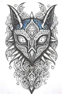 Tattoo on knee of Majora's mask, diamond shape, stained glass style, paisley designs, mosaic style, masculine tattoo design idea