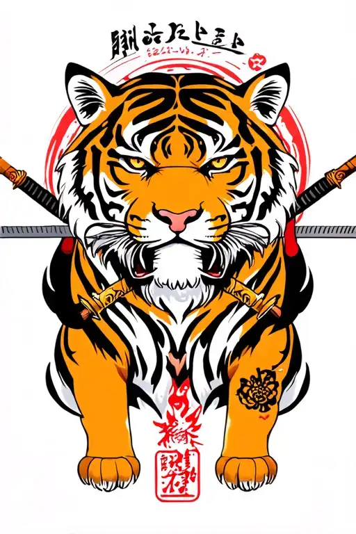 Front facing Tiger with katana pointing and african spear pointing surrounded tattoo design idea