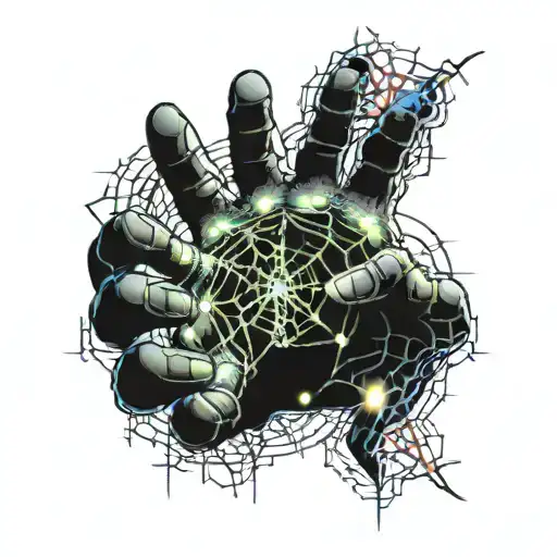A surreal digital illustration of a human hand with cracked skin, revealing a Halloween-themed world inside. In the cent tattoo design idea