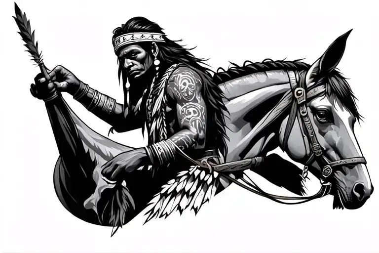 Native Cherokee warrior on horse bones showing middle finger tattoo design idea