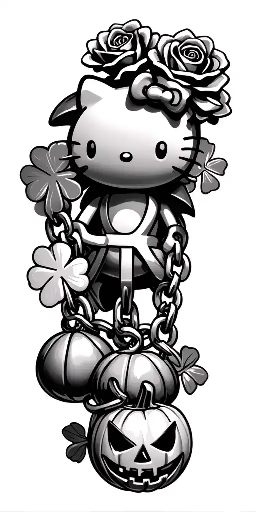 Chain with charms as, Sonic, Hello Kitty, Roses, Jack o Lantern, 4 leaf clover, basketball tattoo design idea