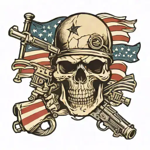 skull with m16 and us flag waving tattoo design idea