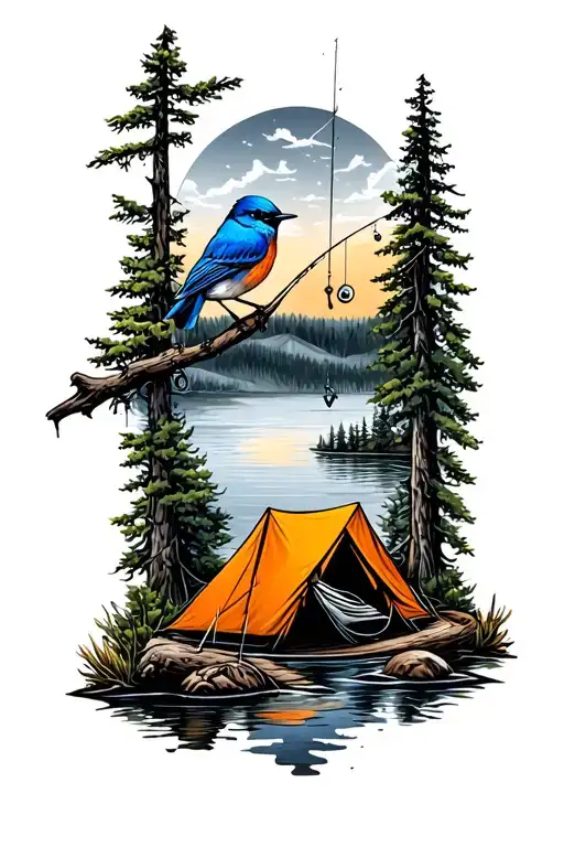 sleeve tattoo with outdoor theme; camping, fishing, trees, blue bird on a branch, with a style b tattoo design idea