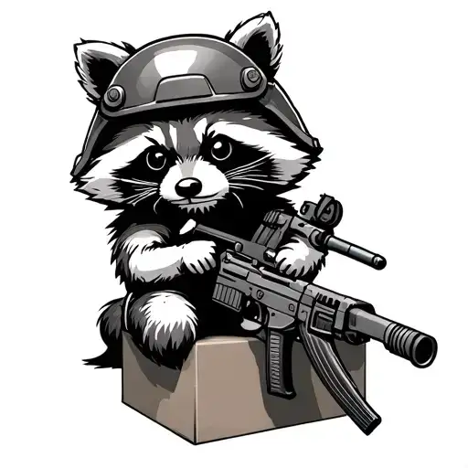 A raccoon in a helmet and body armor with a machine gun sits on a box with a cigarette in his teeth tattoo design idea