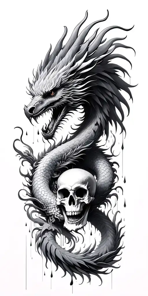 3 Chinese Dragon And Phoenix And Skull surrounded my rain tattoo design idea