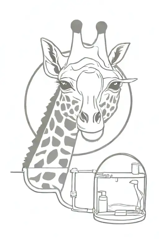 minimalist giraffe looking in a mirror while brushing its teeth tattoo design idea