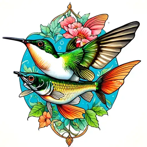 hummingbird, butterfly, bass fish transforming tattoo design idea